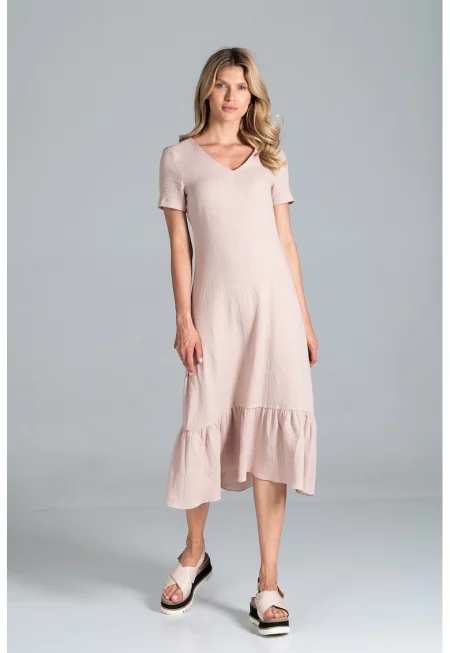 Миди рокля  с волани и къси ръкави - Памучна - Бежова