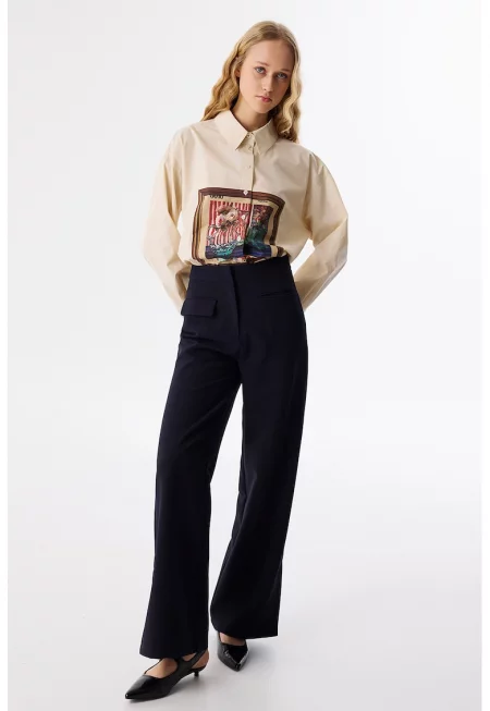 Панталон с широк крачол и висока талия - Ултрамарин синьо