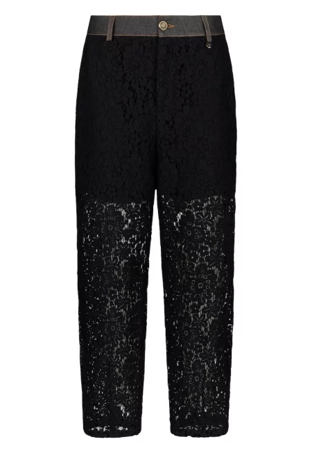 Панталон с висока талия и дантелено покритие - Черен