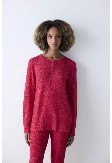 Пижамена блуза с овално деколте - Червен меланж