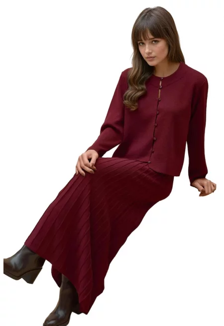 Плетен комплект  жилетка с кръгло деколте и разкроена пола - червен - трикотаж