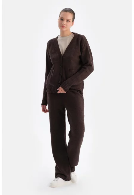 Плетен панталон с еластична талия - Тъмнокафяв -