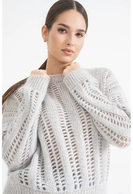 Плетен пуловер с перфорации и паднали ръкави - Светло сив