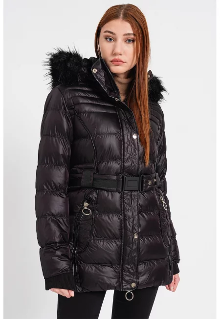 Подплатено зимно яке Aimeraude с качулка - Черен