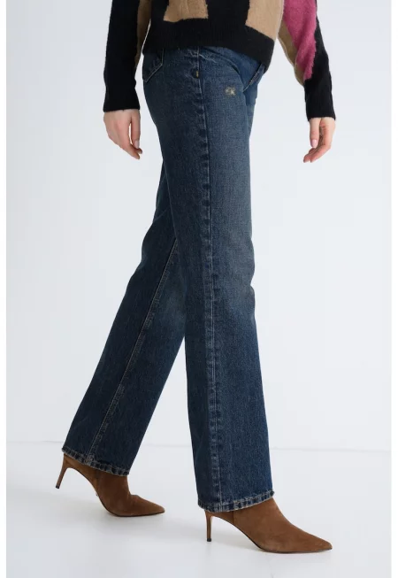 Прави дънки с висока талия - Ултрамарин синьо/Бежов