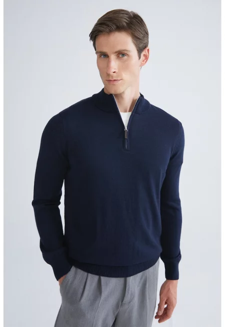 Пуловер с къс цип - Тъмносин