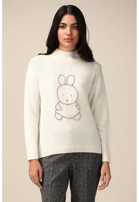 Пуловер с вълна с декоративни камъни - Крем/Сребрист