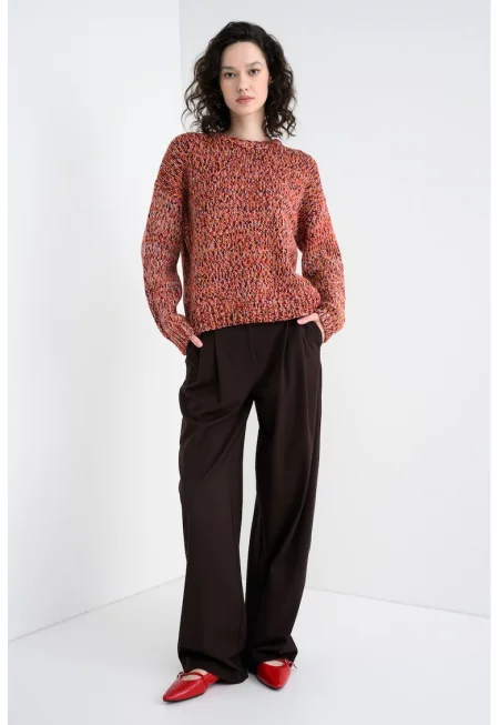 Пуловер с вълна с паднали ръкави - Червен/Кафяв/Оранжев