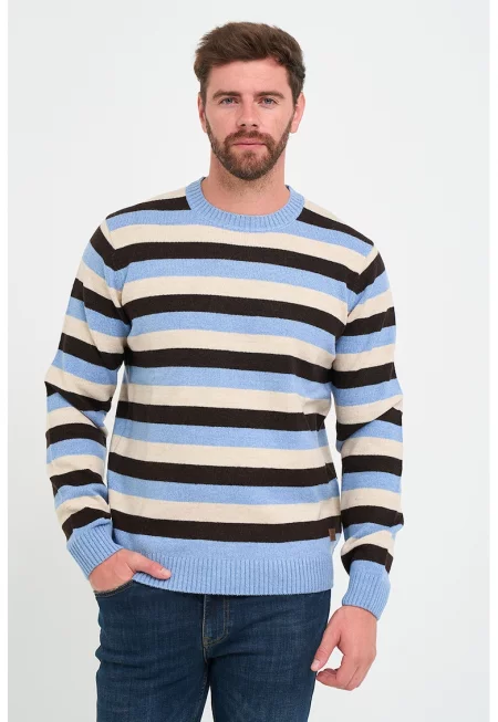 Раиран пуловер с вълна - Бял/Пастелносин/Черен