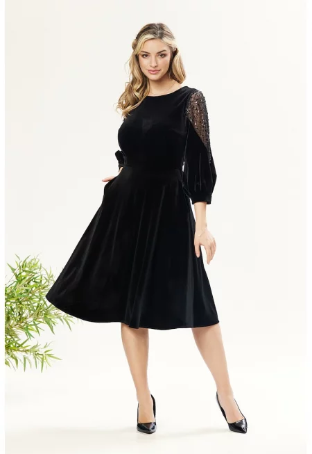 Разкроена кадифена рокля - Черен