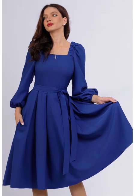 Разкроена миди рокля с бухнали ръкави - Тъмносин