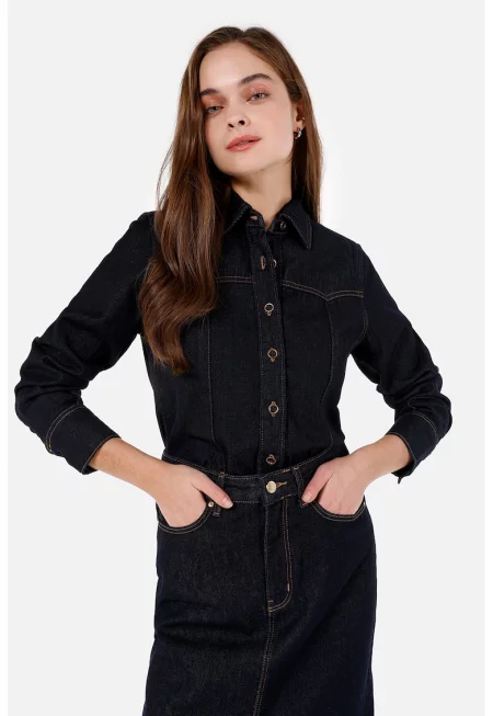 Риза от деним с контрастни шевове - Черен/Жълт