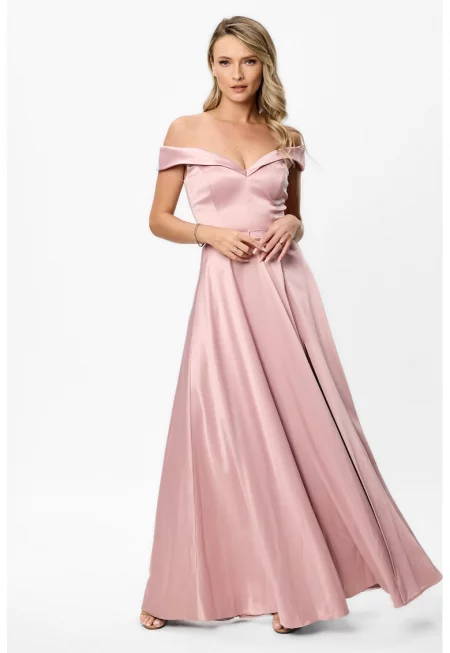 Рокля с дълбока цепка встрани и голо рамо - Розова сьомга