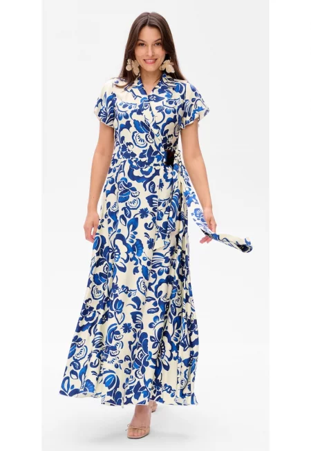 Рокля с деколте тип прегърни ме и флорални мотиви Marla