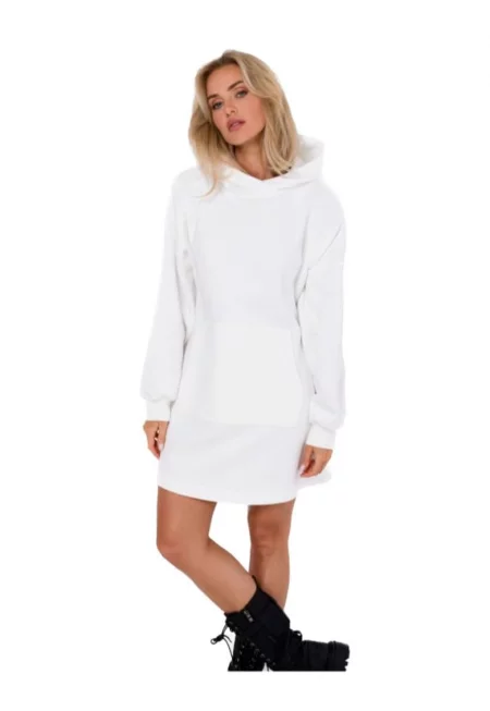 Рокля с качулка и кенгуру джоб - Бял