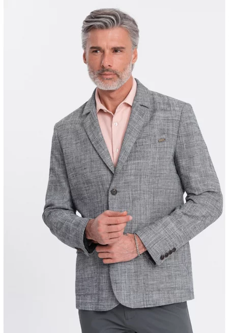 Сако с лен и джобове с капаче - Сив меланж