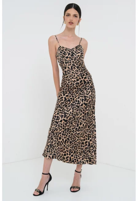 Сатинирана рокля - Черен/Светлокафяв