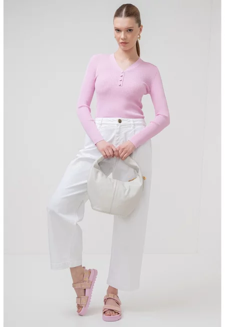 Слим пуловер Imola с шпиц и рипс - Лилав