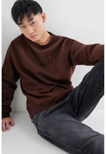 Суитшърт с овално деколте и лого - Кафяв