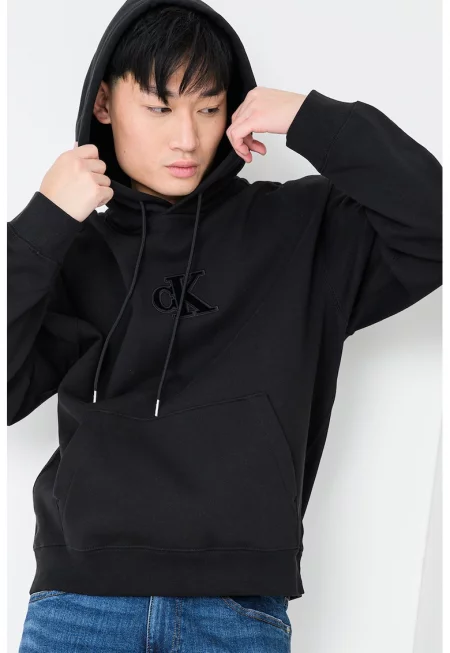 Свободно худи с джоб кенгуру и монограм - Черен