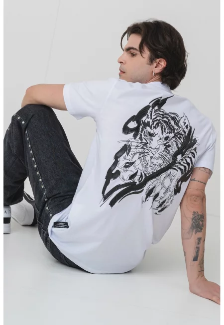 Тениска с овално деколте и принт - Бял/Черен