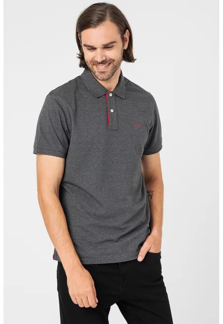 Тениска с памук с яка - Червен/Меланж тъмно сиво