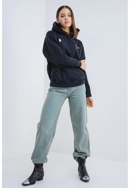 Уголемено худи с лого - Избеляло черно/Прашно розово