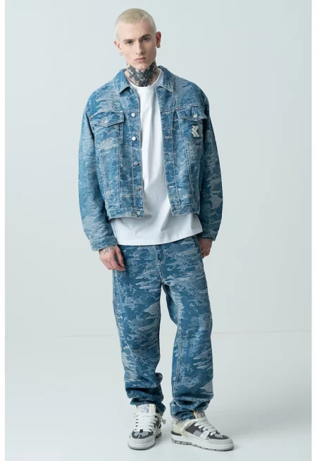 Яке от деним със захабен ефект - Бял/Син
