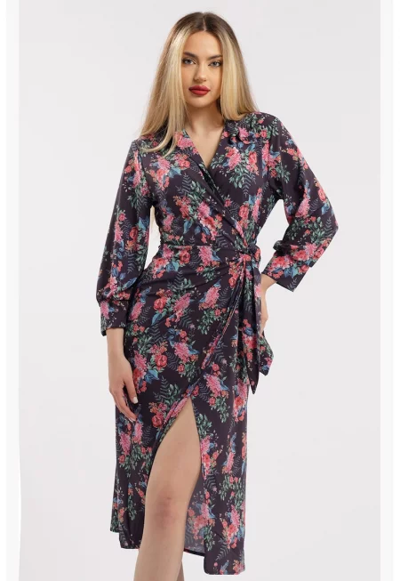 Застъпена рокля с шлиц отпред - Черен/Розово