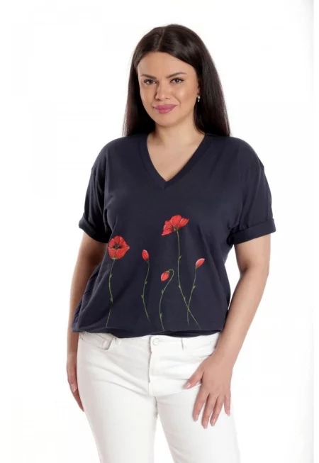 888141919-Дамска блуза - тъмносиня с рисунки