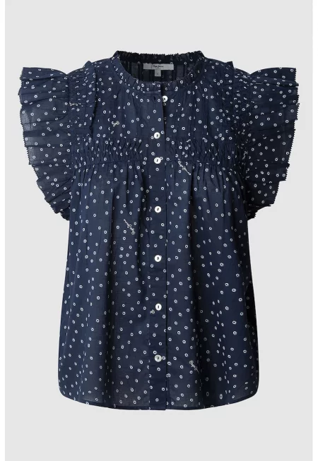 Блуза на точки с къси ръкави - Бял/Тъмносин