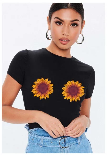 Черна дамска тениска - Слънчоглед