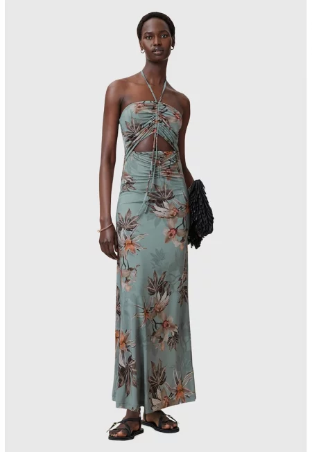 Дълга рокля Celia с набирания - Оранжев/Прашно синьо