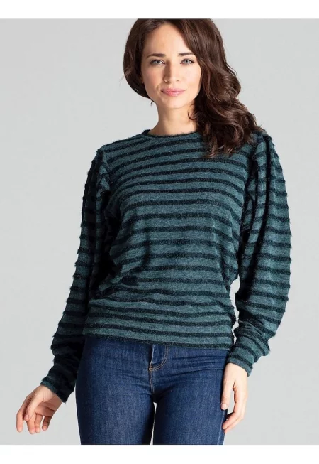 Дамска блуза  зелена - дълги кимоно ръкави - плетена на хоризонтални райета - материал полиестер -