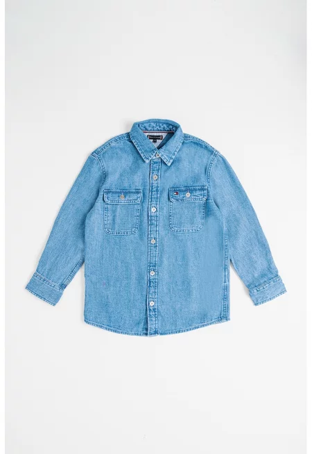 Дънкова риза с джобове - Пастелносин