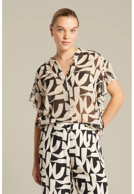 Ефирна блуза с принт - Черен/Крем