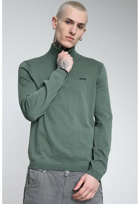 Фино плетен памучен пуловер с къс цип - Аква зелено