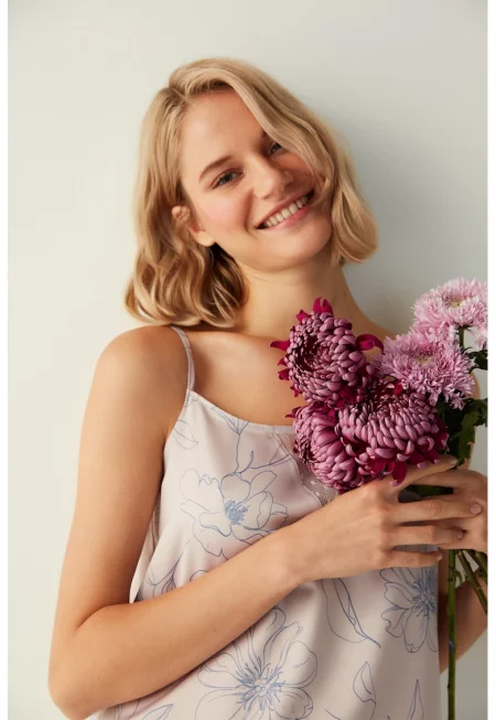 Флорален пижамен топ - Прашно розово/Тъмносин