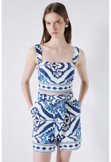 Къс панталон с флорален принт - Бял/Тъмносин/Кралско Синьо