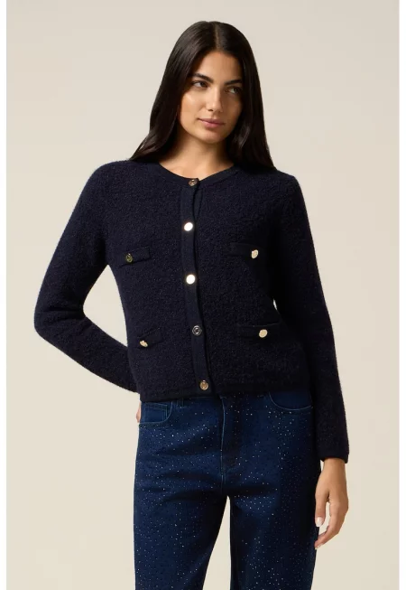 Къс пуловер с копчета - Индигово синьо