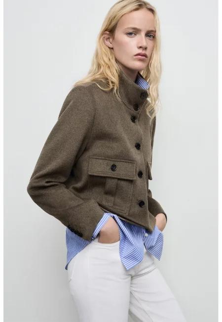 Късо палто с вълна и копчета - Кафяв