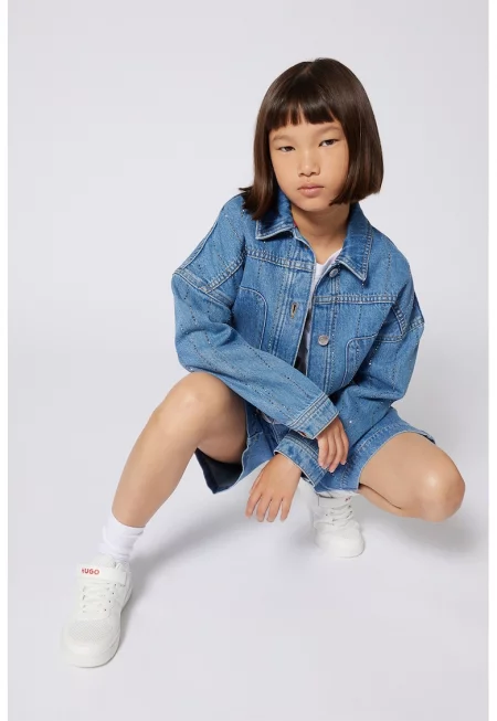 Късо яке от деним с декоративни камъни - Прашно синьо