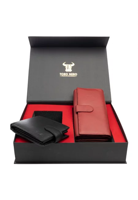 Комплект дамски портфейл и мъжки портфейл естествена кожа черно-червен Reset-Viki