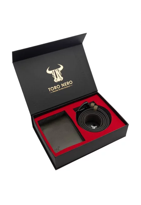 Комплект портфейл и колан - мъжки - от естествена кожа - зелен - Muselles