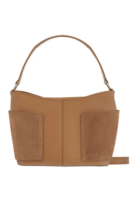 Кожена чанта през рамо с велур - Канелено кафяво