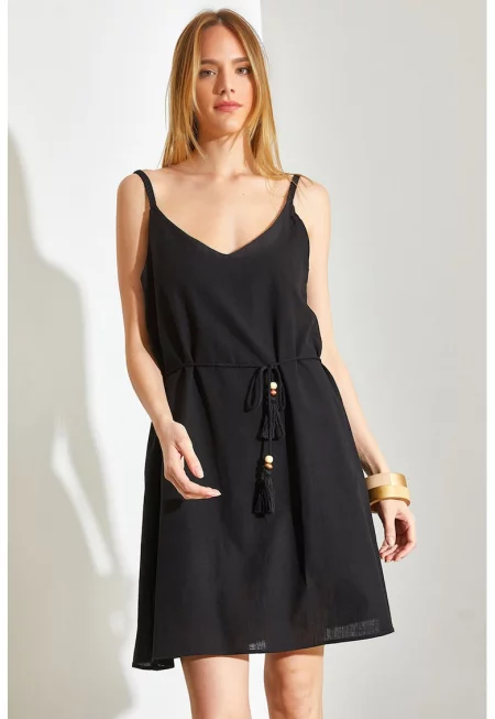 Ленена рокля с тънки презрамки - Черен