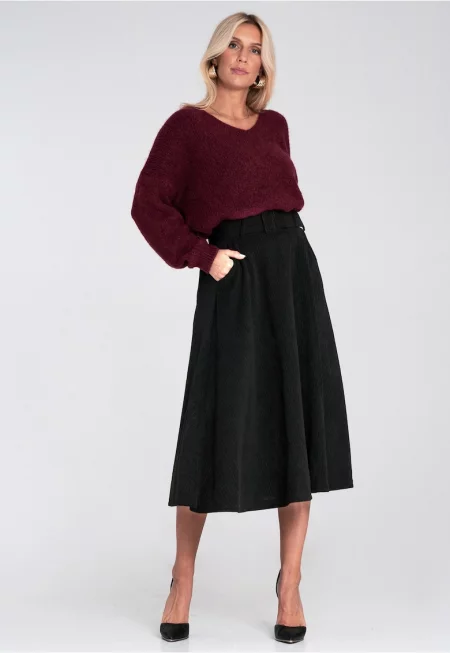 Миди пола  черна - разкроена - с колан - синтетичен материал