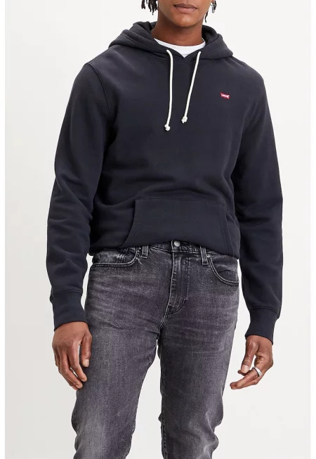 Памучно худи с джоб кенгуру - Черен