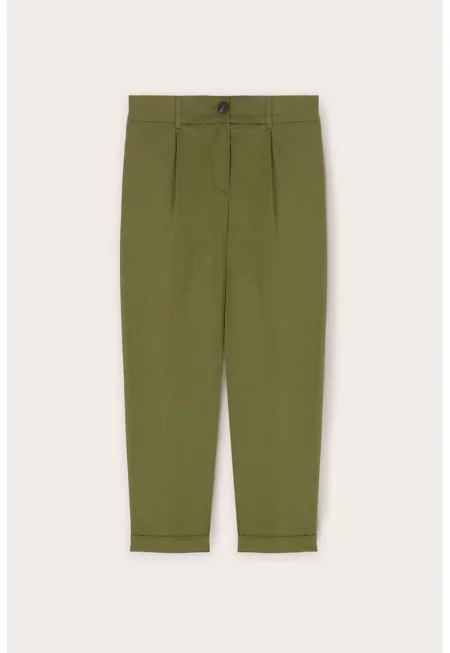 Панталон с памук и висока талия - Тъмнозелен