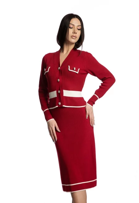 Плетена права пола - Бял/Тъмночервен